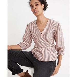 MADEWELL Puff-Sleeve Peplum Wrap Top in Stripe size XXS Retails $79